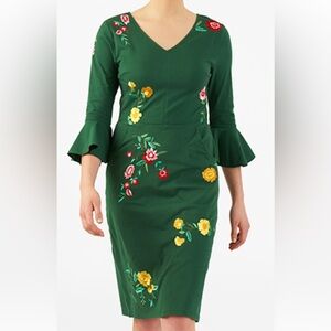 eShakti Green Dress with Floral Embroidery